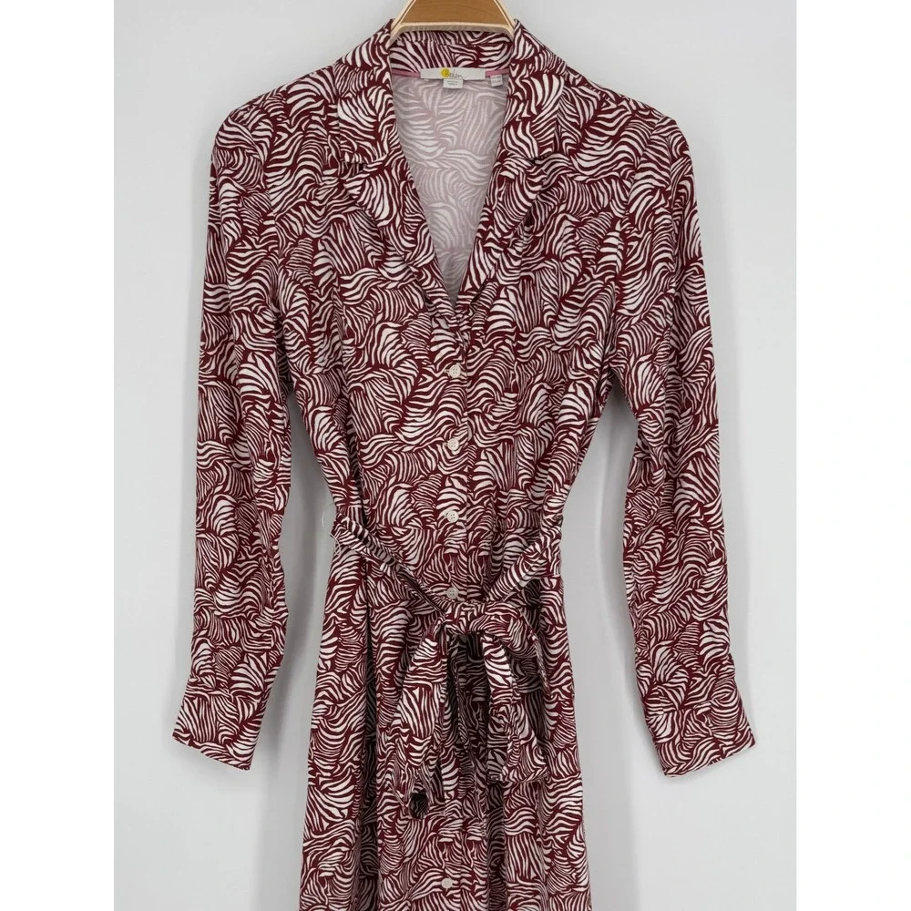 Boden Ottilie Shirt Dress Size 6 Maroon White Wave Print Midi Long Sleeve Belted - Picture 3 of 10